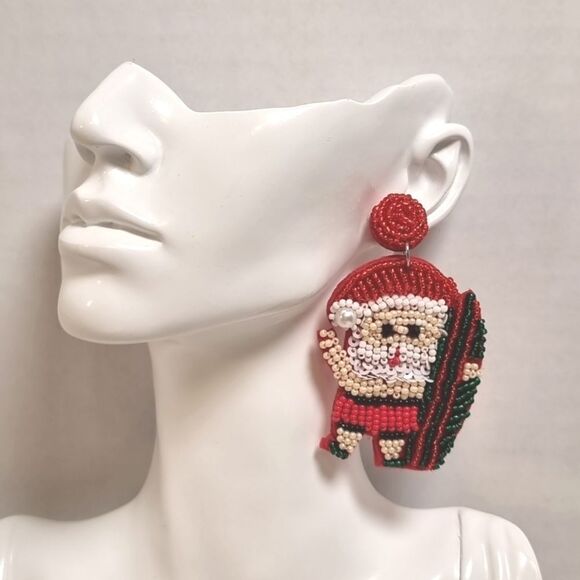 Cb1 BLING SURFER SANTA CHRISTMAS EARRINGS beaded pearl - Picture 2 of 8